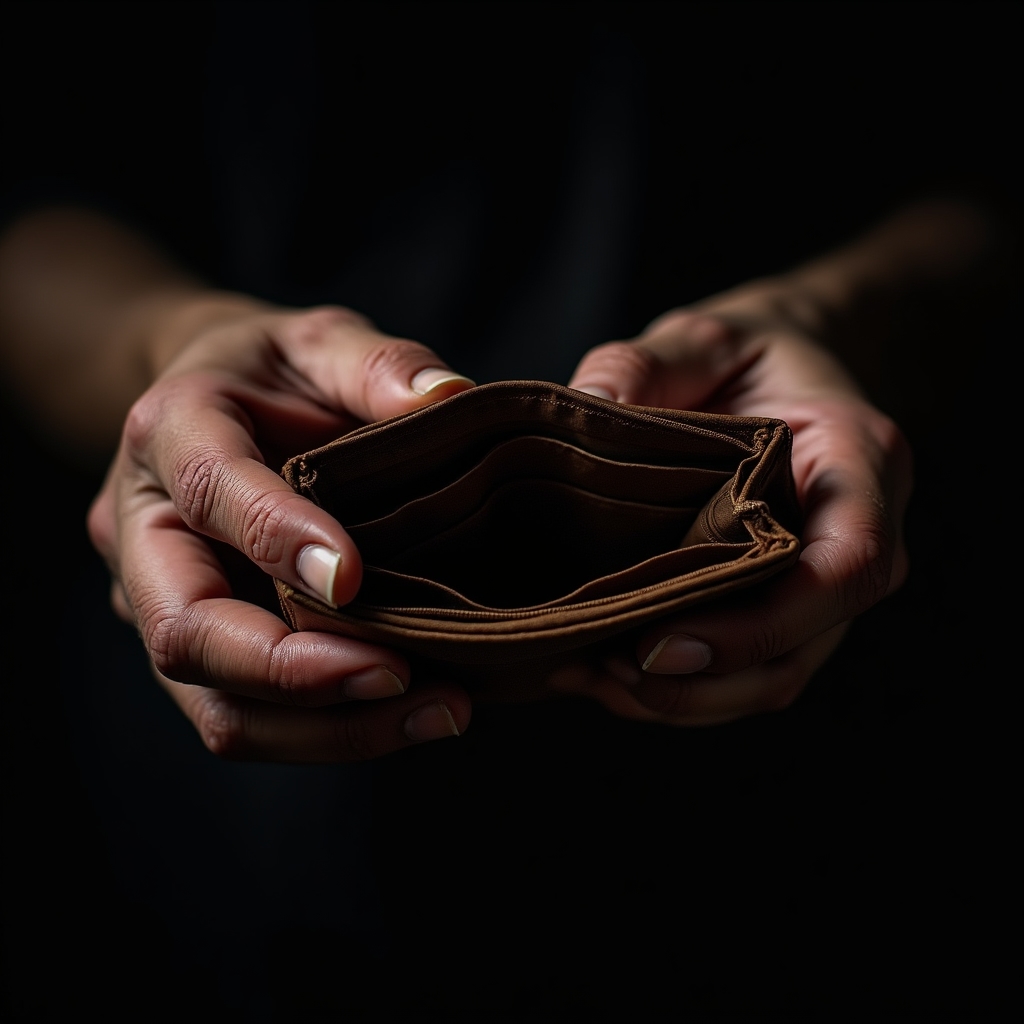 Hands holding an empty wallet, sparse lighting suggesting scarcity and anxiety