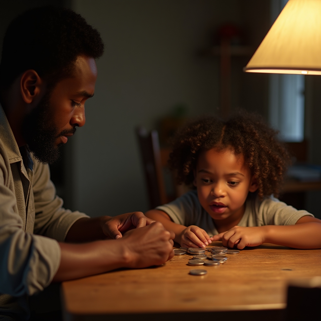 Child watching parent count coins at a kitchen table, soft domestic light