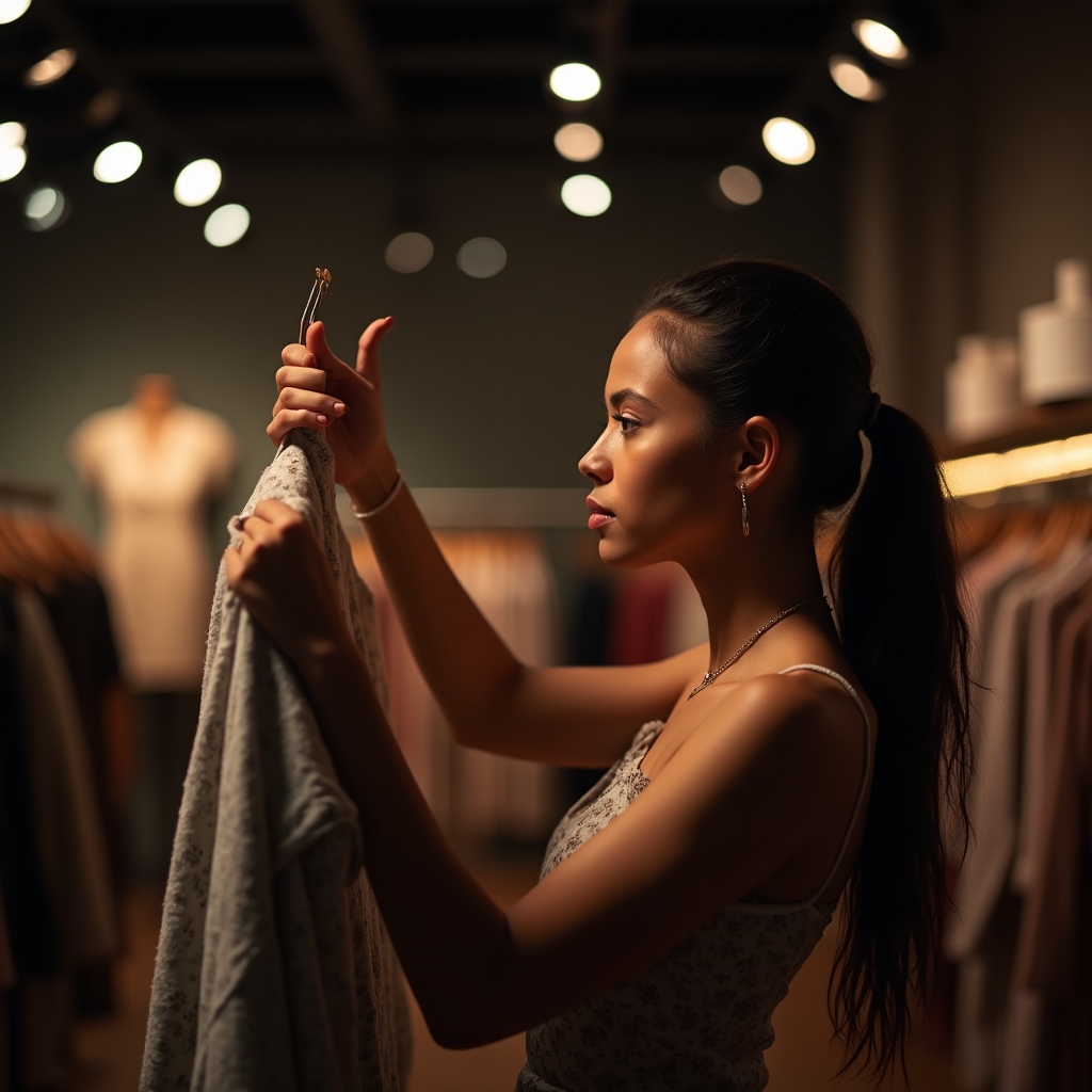 Young woman pausing before making a purchase, contemplative expression in a shop