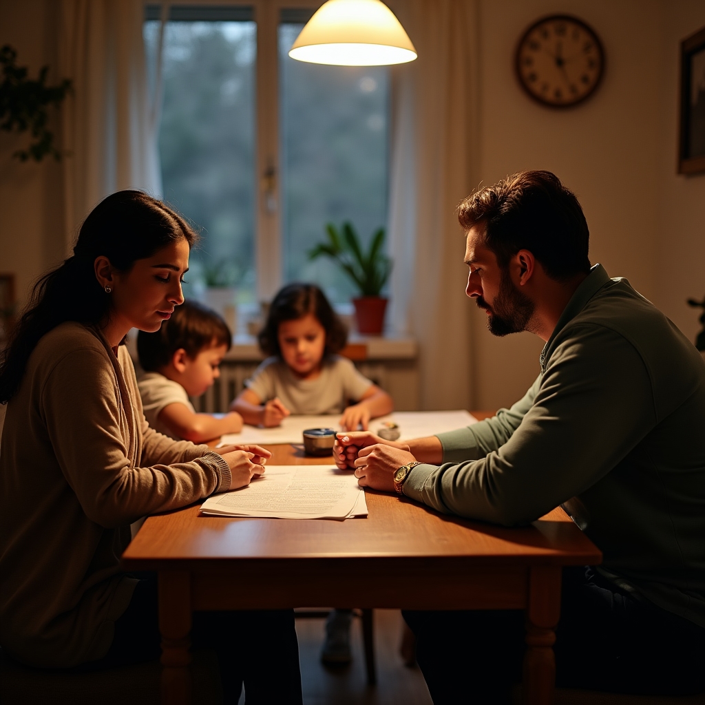 Parents discussing finances at a table while children play nearby, warm evening light