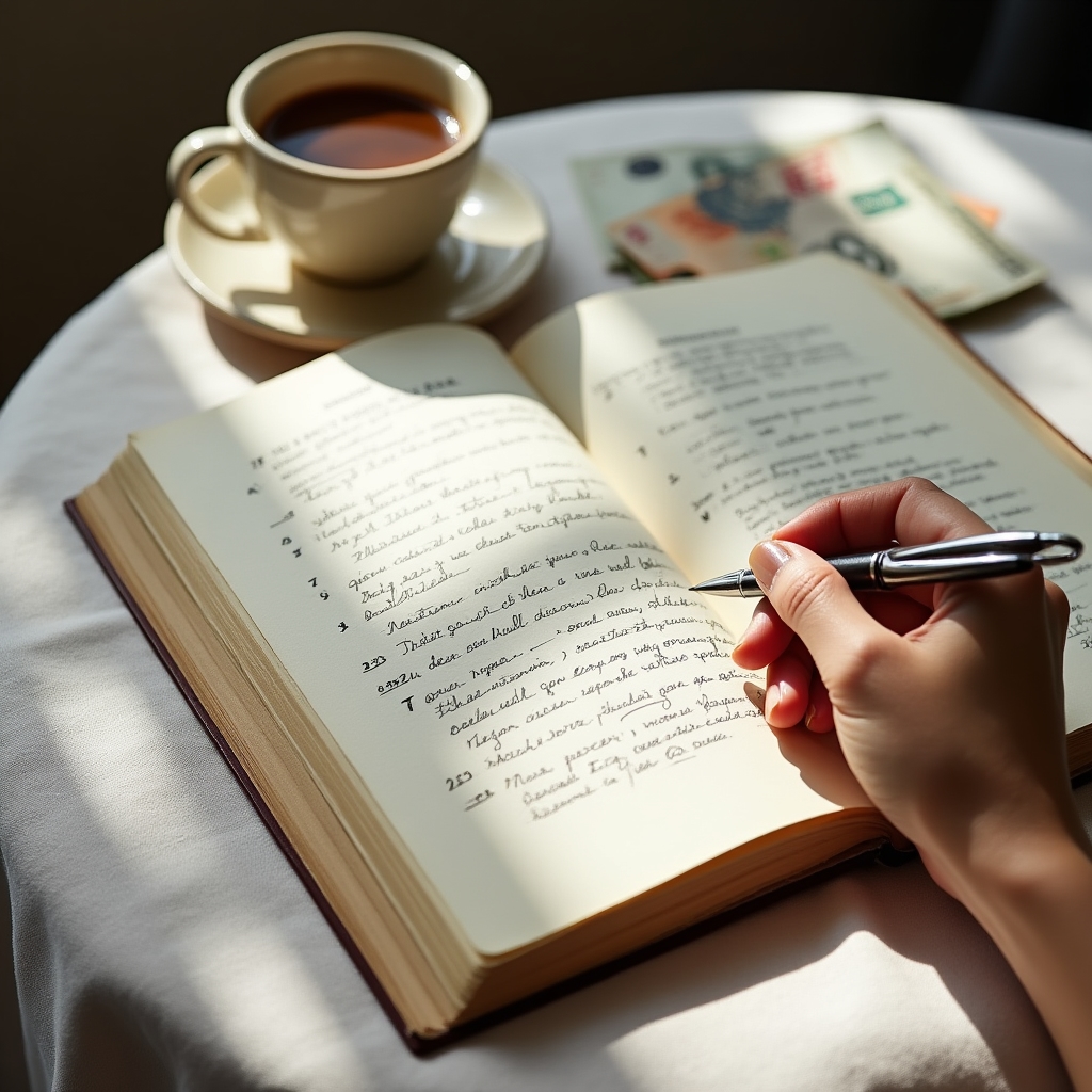 Open journal with handwritten notes about spending habits, coffee cup nearby, morning light