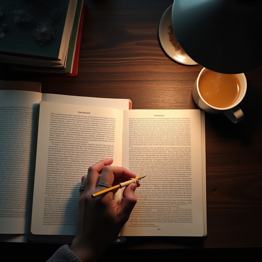 Person reading behavioural research papers at a desk with warm lamp light