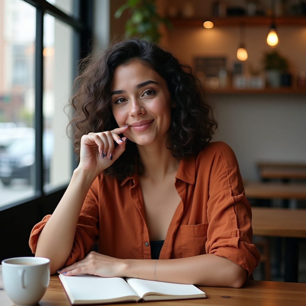 Female contributor late twenties, relaxed, sitting in a cafe with notebook, natural daylight