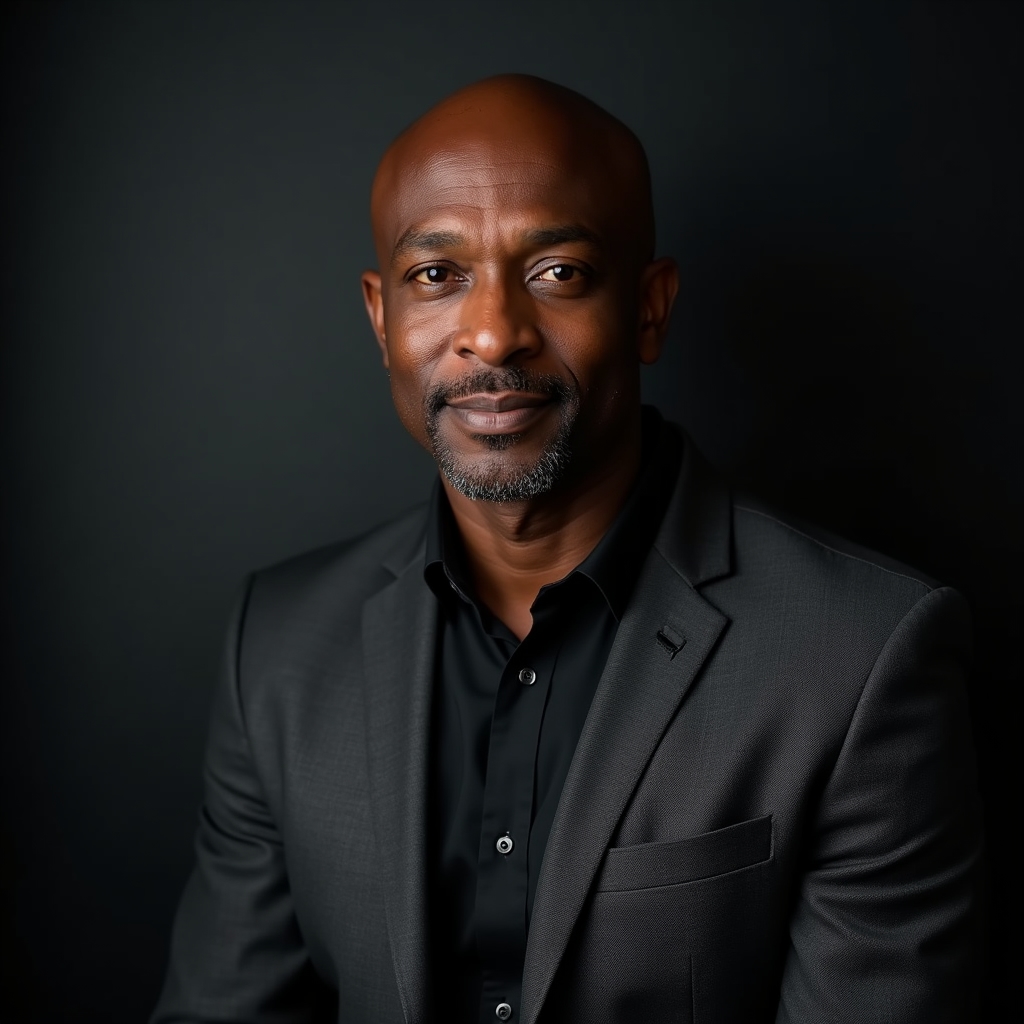 Male editor early forties, calm expression, professional setting with soft background blur