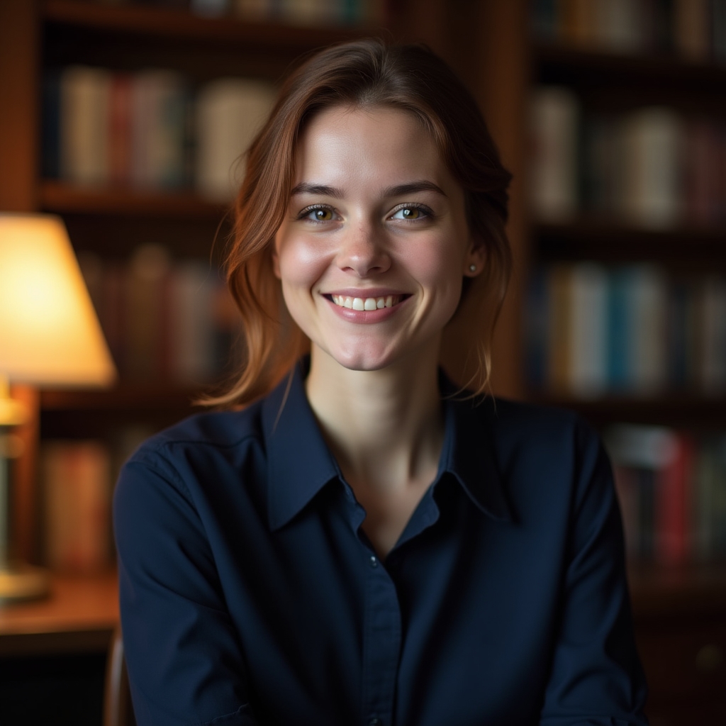 Female lead writer in her early thirties, thoughtful expression, bookshelves behind her