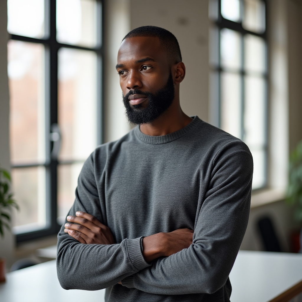 Male research editor mid-thirties, focused, working at a standing desk in a bright studio space